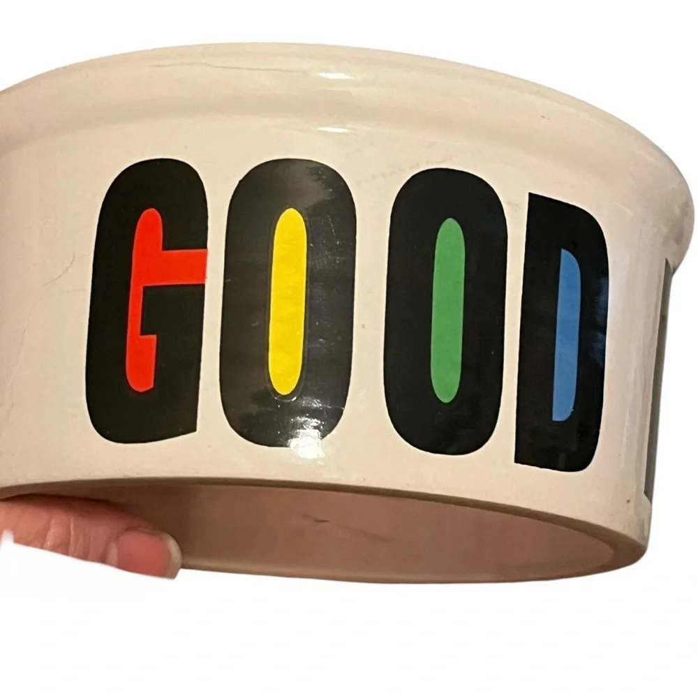 Ceramic Dog Bowl White Large Black block letters GOOD DOG Primary color Interior